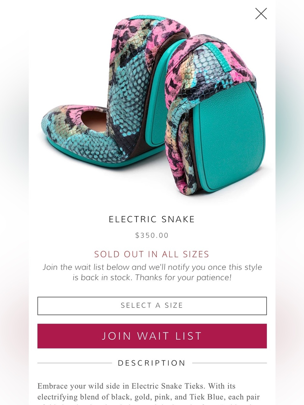 Tieks Electric Snake Foldable Pumps in Teal and Pink Snakeprint